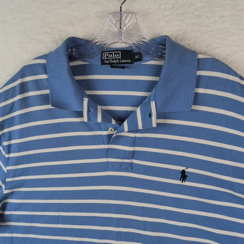 Polo‎ Ralph Lauren Polo Shirt Men's XL Blue White Striped VTG Short Sleeve